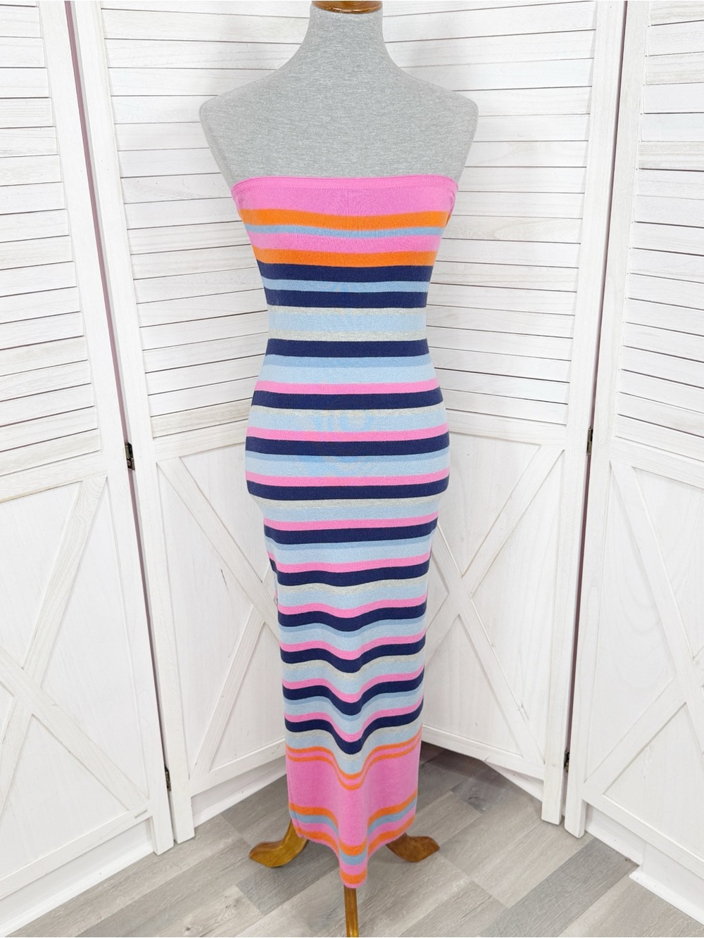 Vici Striped Knit Strapless Sheath Bodycon Midi Dress Pink Blue Size Medium